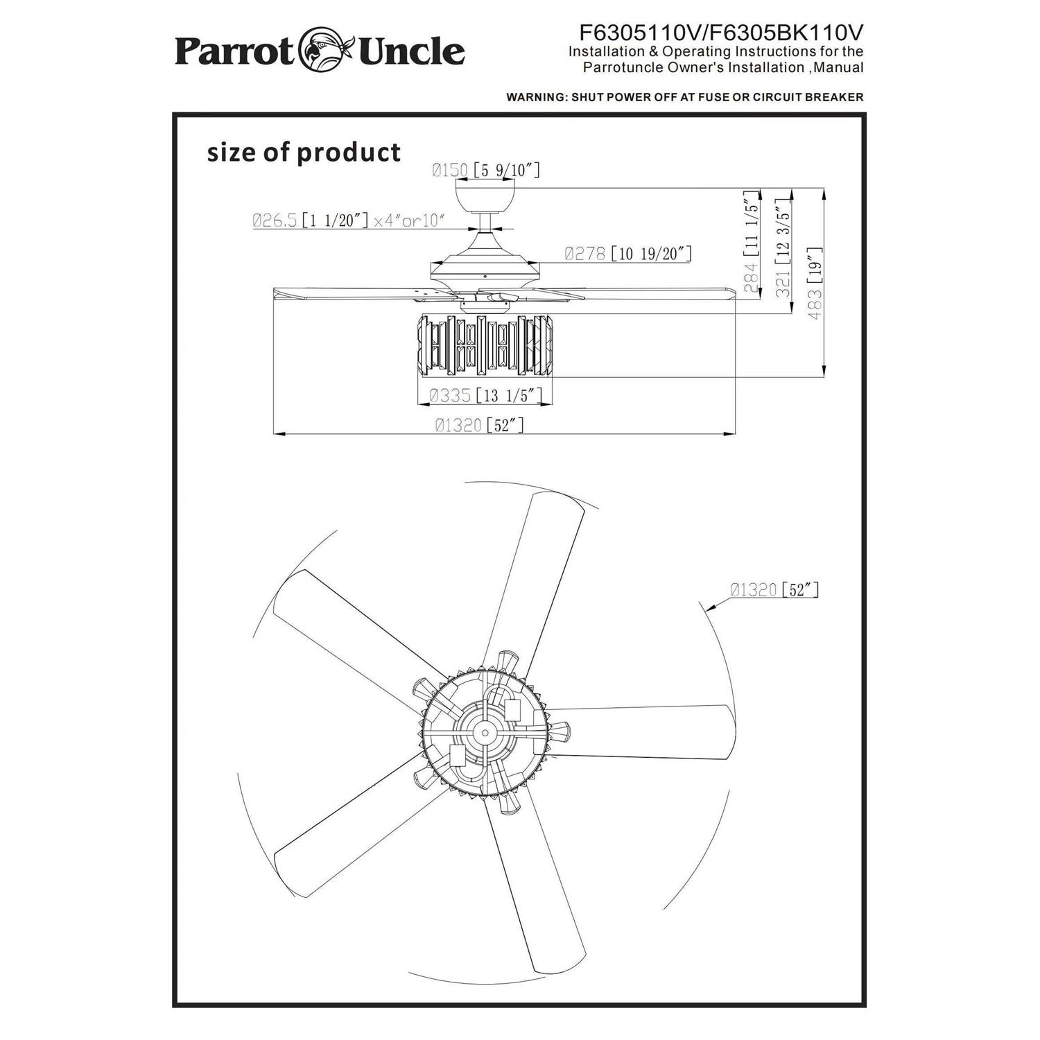 Parrot Uncle 52 Dicken Modern Downrod Mount Reversible Crystal Ceiling Fan with Lighting and Remote Control - Image 5