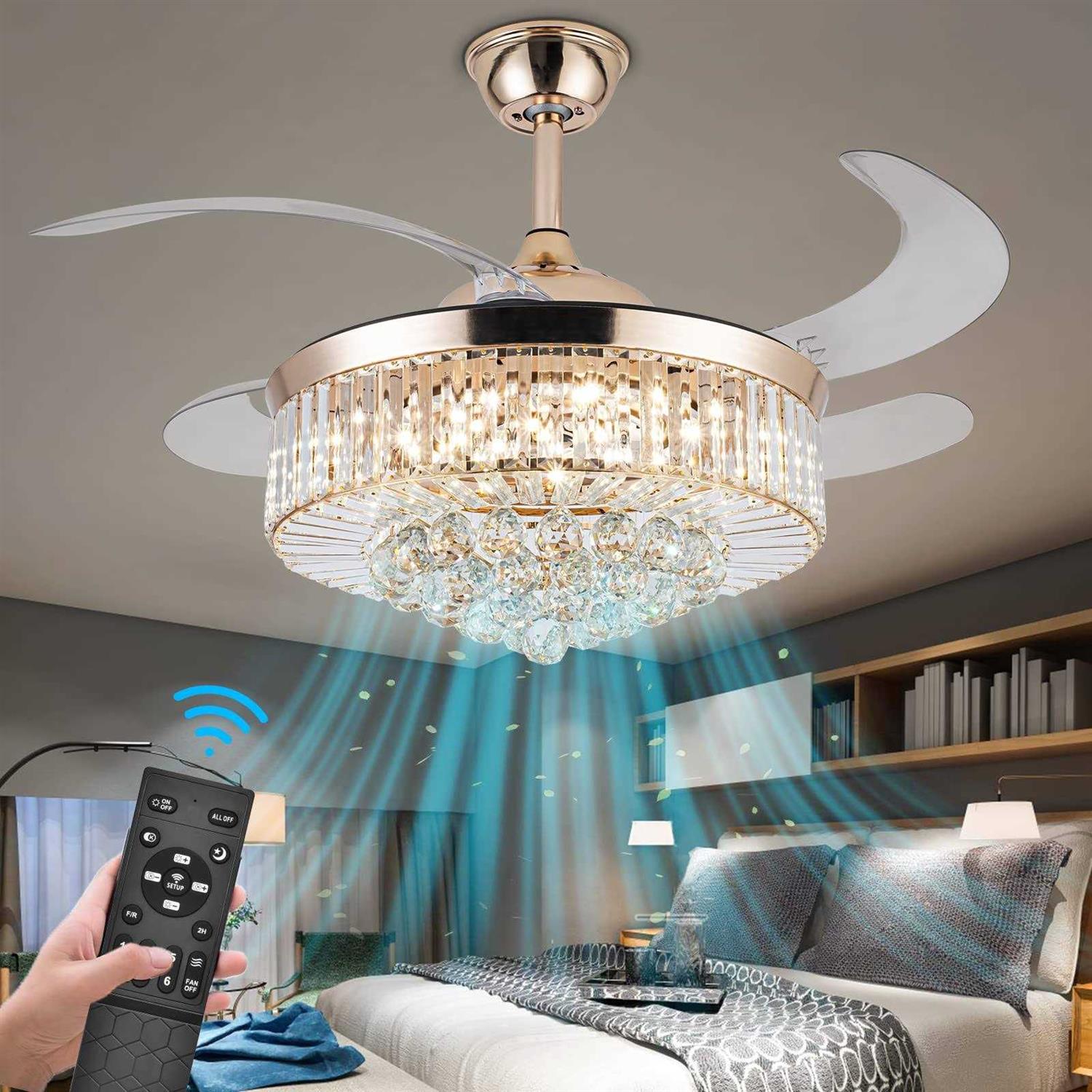 42&”Reversible Chandelier Crystal Ceiling Fan with Lights Stepless Dimming Modern Ceiling Fan Remote Control Retractable Invisible Blades - Image 3