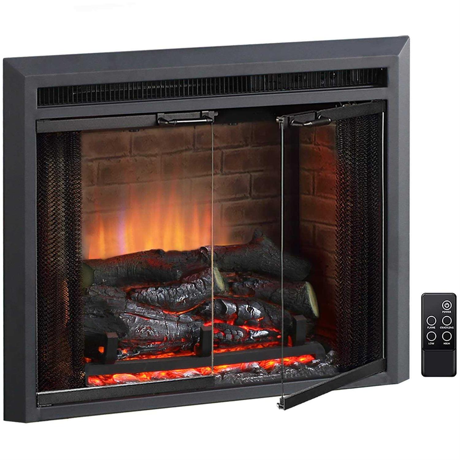 Puraflame Klaus Electric Fireplace Insert with Fire Crackling Sound Glass Door and Mesh Screen