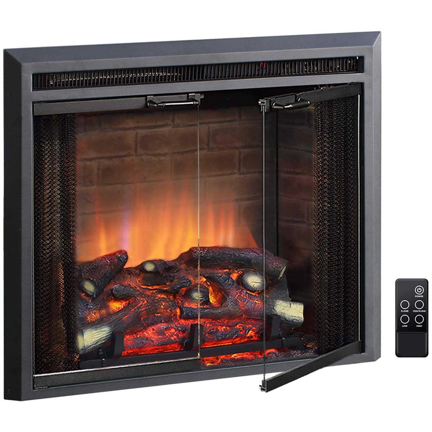 Puraflame Klaus Electric Fireplace Insert with Fire Crackling Sound Glass Door and Mesh Screen