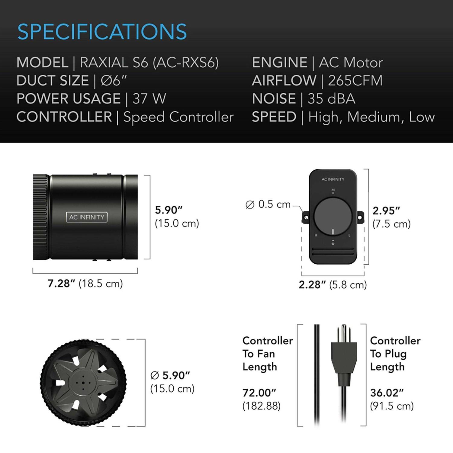 AC Infinity RAXIAL S6 Inline Booster Duct Fan with Speed Controller 6 - Image 2