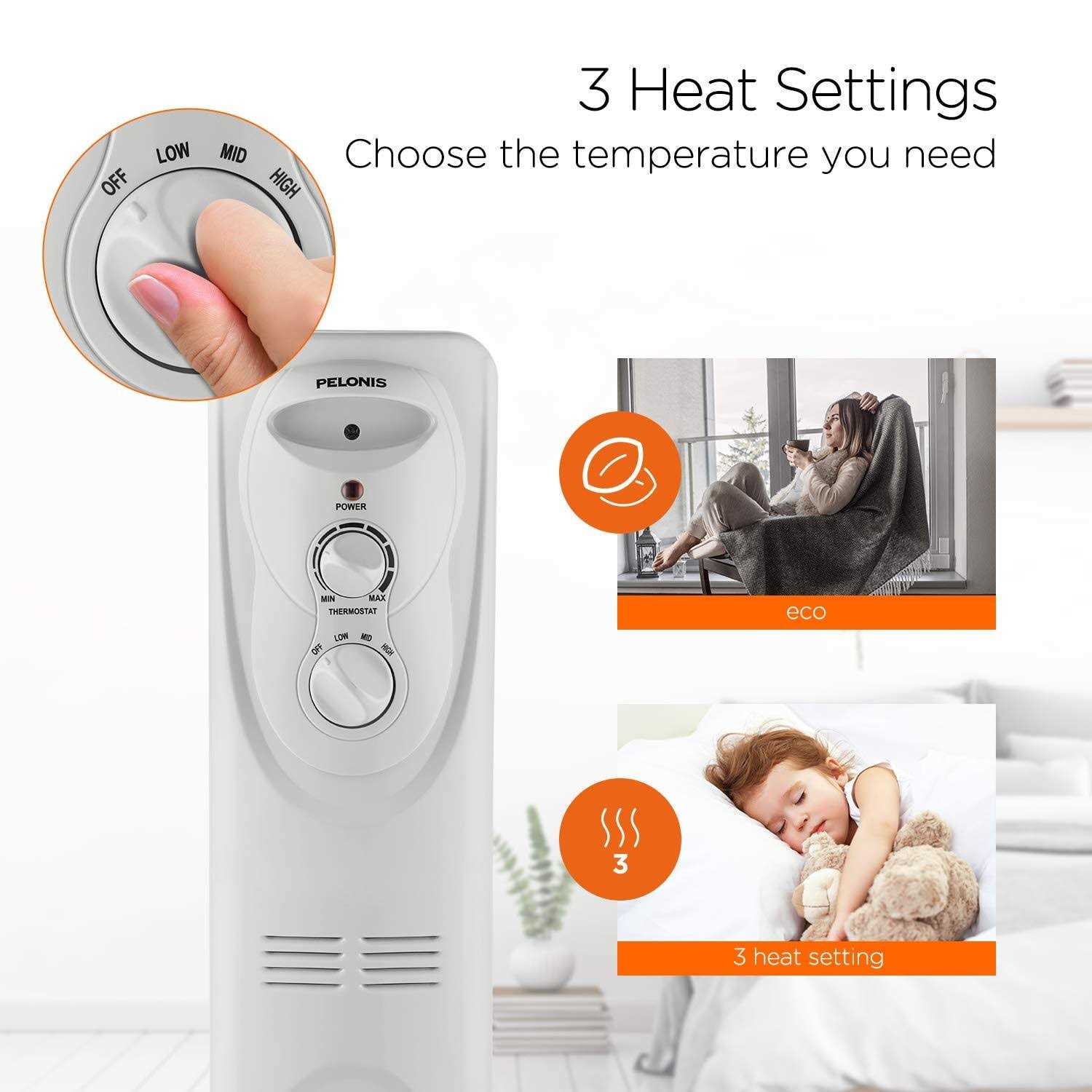 Pelonis Pho15A2Agw Basic Electric Oil Filled Radiator 1500W Portable Full Room Radiant Space Heater With Adjustable Thermostat - Image 2