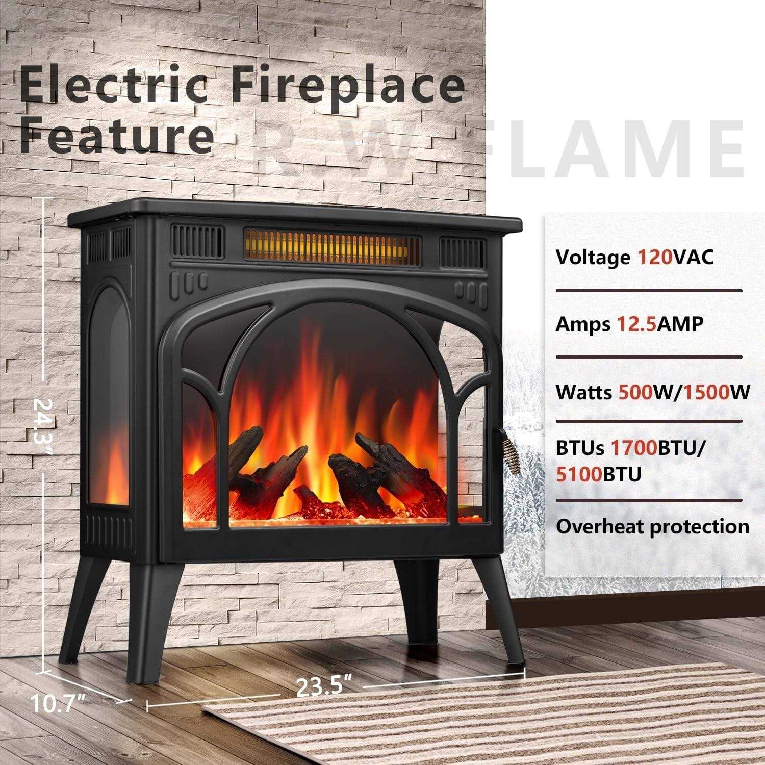 R.W.FLAME Freestanding Fireplace Heater with Realistic Flame,Portable Remote Control