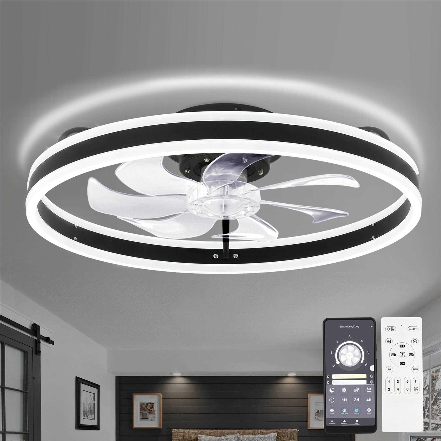 Oaks Aura 20in. LED Indoor Black Bladeless Low Profile Ceiling Fan Flush Mount Smart App Remote Control Dimmable Lighting DC2002