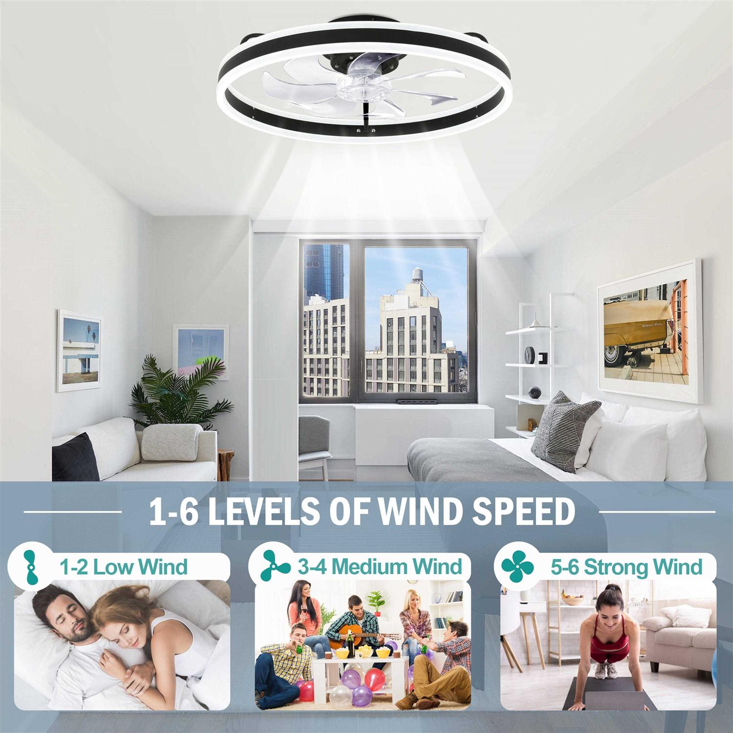 Oaks Aura 20in. LED Indoor Black Bladeless Low Profile Ceiling Fan Flush Mount Smart App Remote Control Dimmable Lighting DC2002 - Image 2