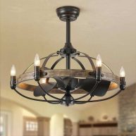 27-inch Grey Brown Ceiling Fan with Light Remote Control 6-Light Wagon Wheel Modern Farmhouse Chandelier Caged Ceiling Fan