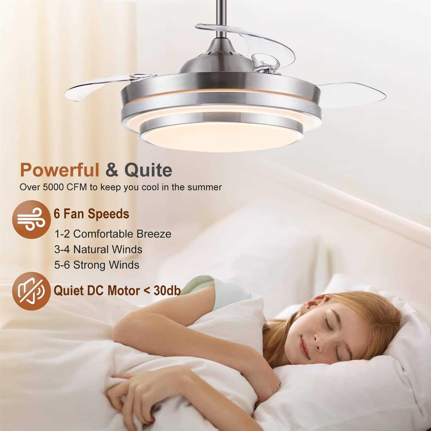 Pochfan Retractable Ceiling Fan with Lights Remote Control 42 Inch Ceiling Fan for Bedroom Living Room etc - Image 4
