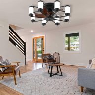 PUDO Windmill Flush Mount 21.7 in. Black Indoor Lighting Ceiling Fan with 5 Brown Blades