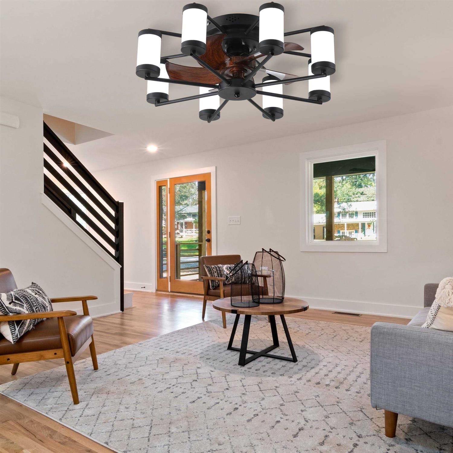 PUDO Windmill Flush Mount 21.7 in. Black Indoor Lighting Ceiling Fan with 5 Brown Blades