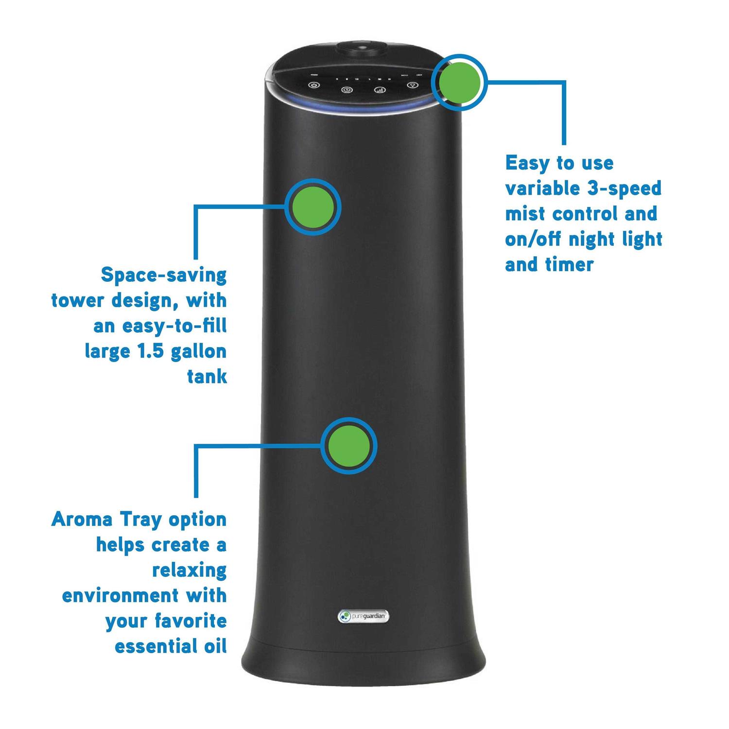 PureGuardian 100 Hour Ultrasonic Cool Mist Tower 1.5 Gallon Humidifier - Image 5