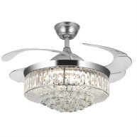 Panghuhu88 36 Invisible Ceiling Fan Chandelier Light,Modern Crystal Ceiling Fan Light Remote Control 4 Retractable ABS Blades for Bedroom Living