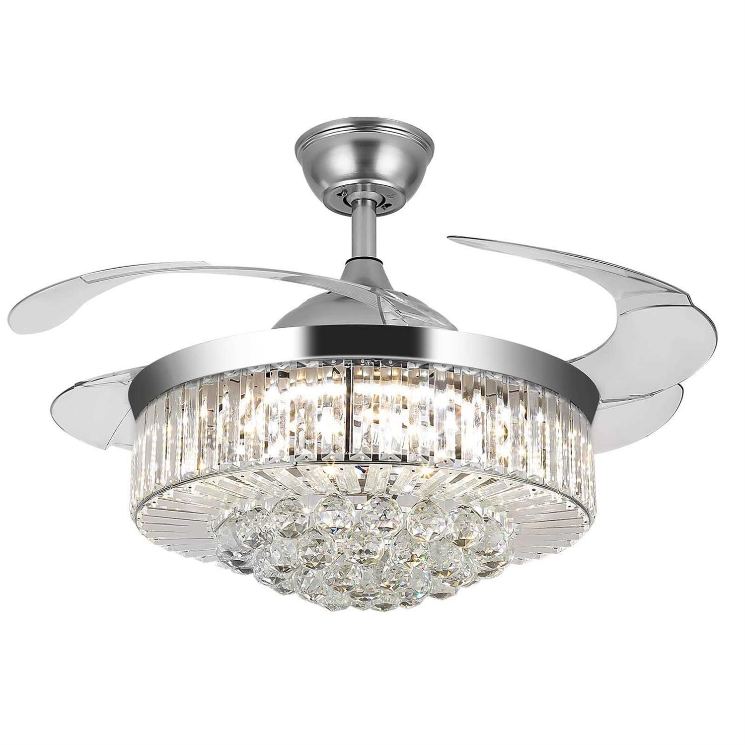 Panghuhu88 36 Invisible Ceiling Fan Chandelier Light,Modern Crystal Ceiling Fan Light Remote Control 4 Retractable ABS Blades for Bedroom Living