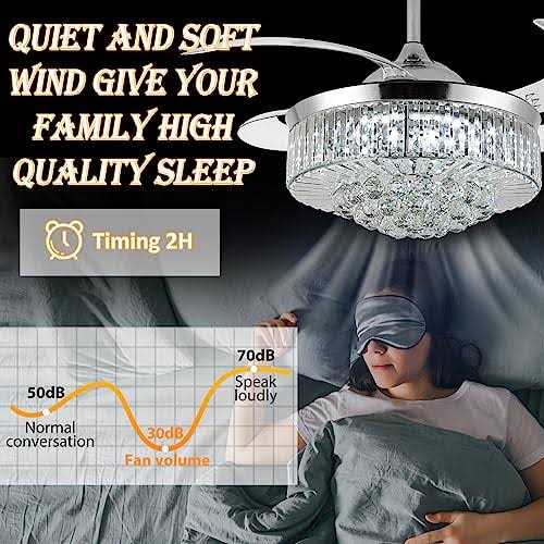 Panghuhu88 36 Invisible Ceiling Fan Chandelier Light,Modern Crystal Ceiling Fan Light Remote Control 4 Retractable ABS Blades for Bedroom Living - Image 2