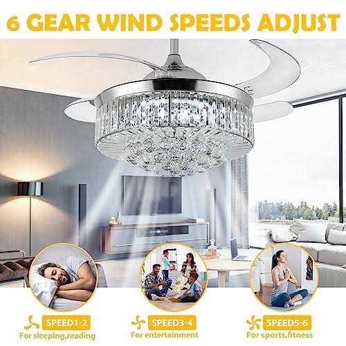 Panghuhu88 36 Invisible Ceiling Fan Chandelier Light,Modern Crystal Ceiling Fan Light Remote Control 4 Retractable ABS Blades for Bedroom Living - Image 5