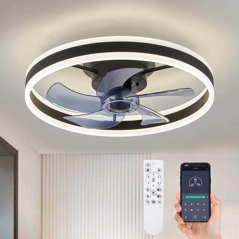 20 in. Black Low Profile Ceiling Fan with Light 6-Speed Flush Mount Ceiling Fan with App Smart Remote Control for Bedroom