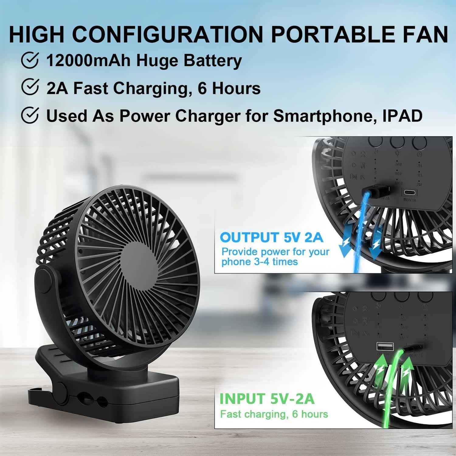Portable Fan with Remote Control & Timer & LED Lights 60hrs 12000mAh USB Rechargeable Battery Fan Could Clamp/Hanging/Stand Up - Image 2