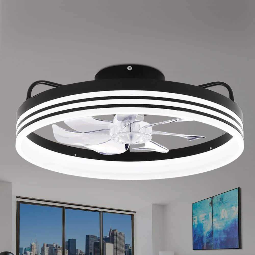 Oaks Aura 20in. LED Indoor Black Bladeless App Control Smart Low Profile Ceiling Fan Flush Mount Dimmable Lighting For Bedroom DC2003