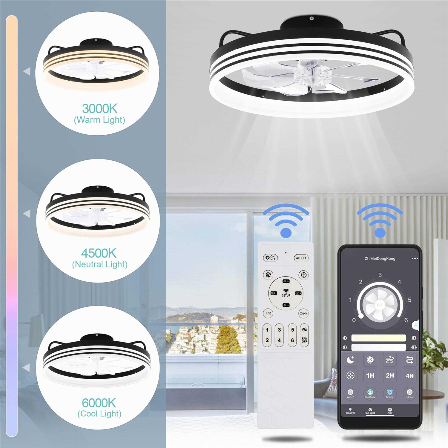 Oaks Aura 20in. LED Indoor Black Bladeless App Control Smart Low Profile Ceiling Fan Flush Mount Dimmable Lighting For Bedroom DC2003 - Image 5