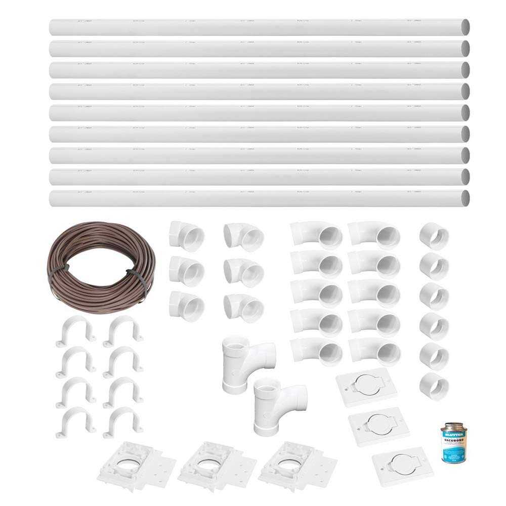Ovo Complet Central Vacuum 3 inlets Installation kit with 50 ft Pvc Pipe and Fit