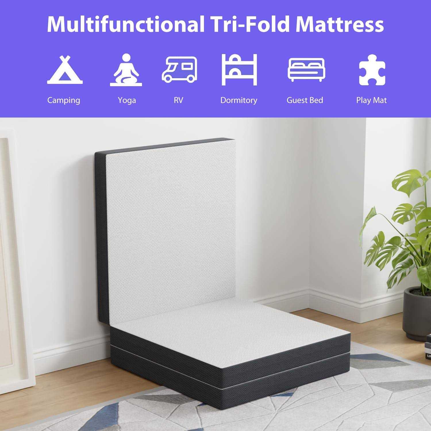 PayLessHere Folding Mattress Tri Fold Memory Foam Mattress Topper Portable Foldable Mattress Topper Camping - Image 5