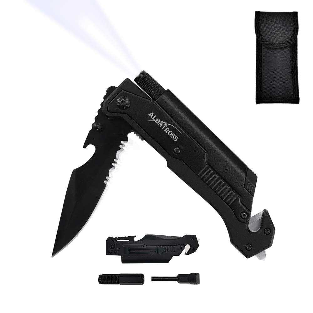 ALBATROSS 7 in 1 Dispatcher Tactical Knife with Glass Breaker, Seatbelt Cutter,Steel Serrated Blade,Flashlight,Fire Starter,Bottle Opener and Carrying Bag
