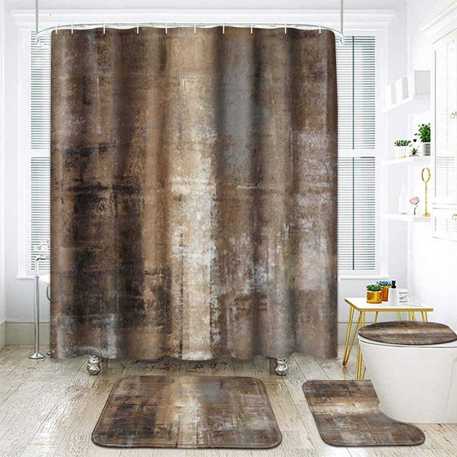 ArtSocket 4 Pcs Shower Curtain Set Non-Slip Rugs Toilet Lid Cover and Bath Mat Bathroom
