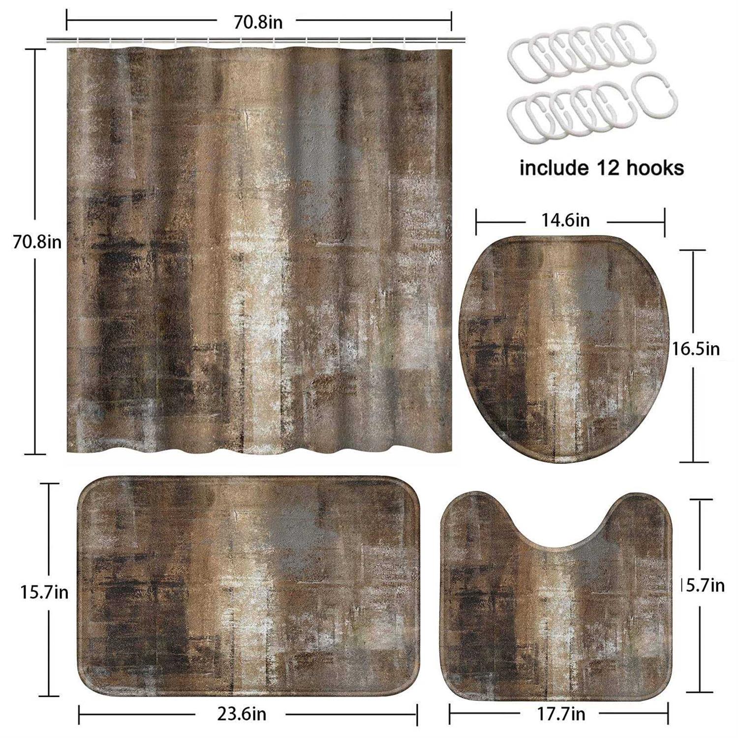 ArtSocket 4 Pcs Shower Curtain Set Non-Slip Rugs Toilet Lid Cover and Bath Mat Bathroom - Image 3