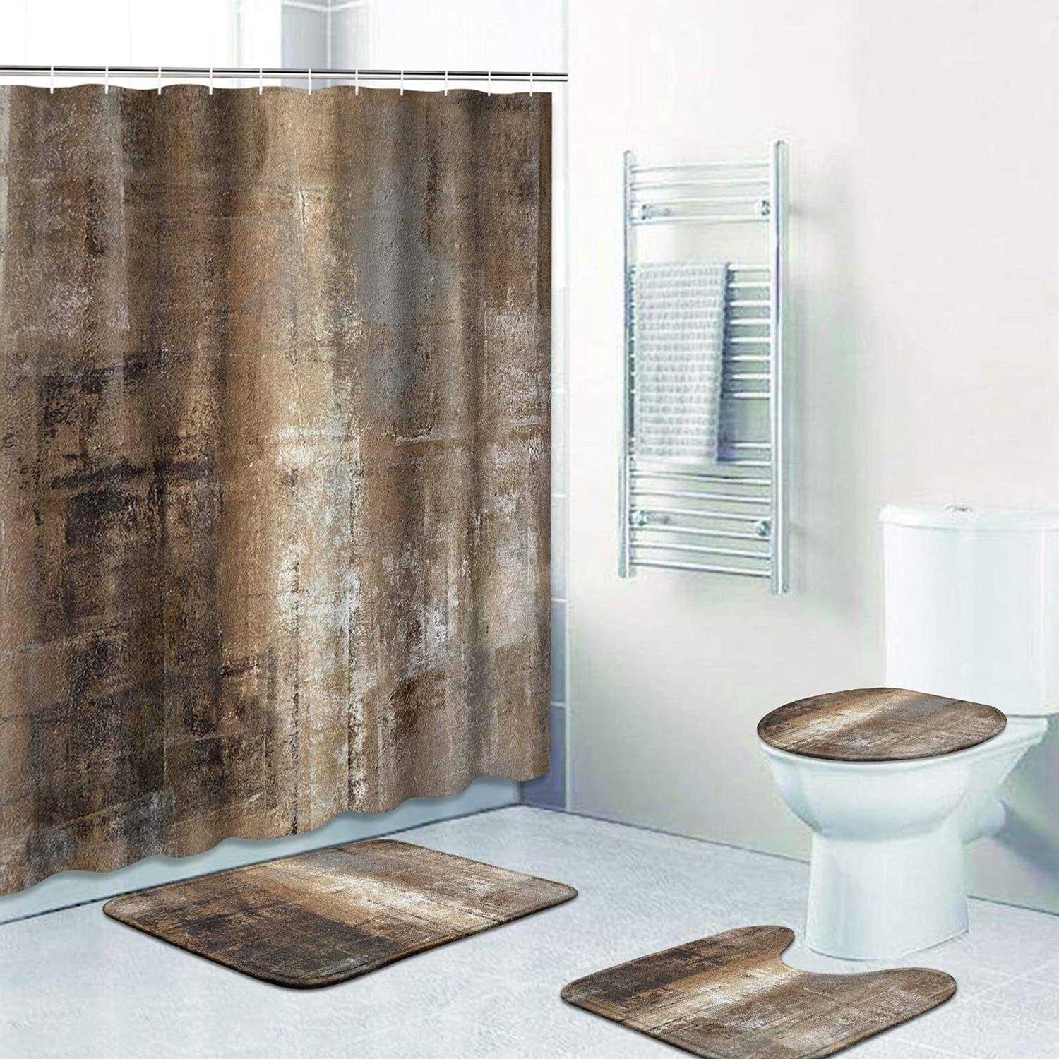 ArtSocket 4 Pcs Shower Curtain Set Non-Slip Rugs Toilet Lid Cover and Bath Mat Bathroom - Image 5