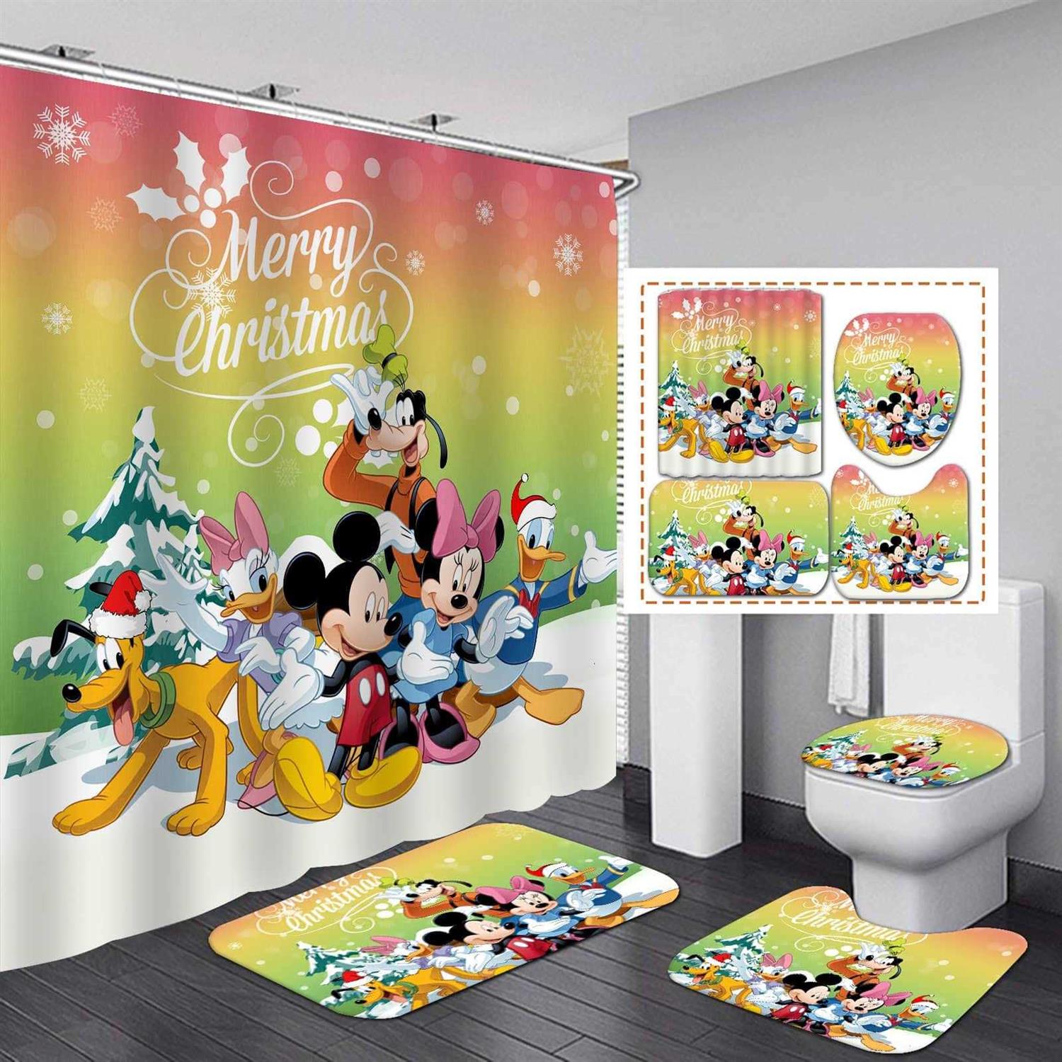 Plmzuok 4pcs Shower Curtain Set With Non-slip Rugs, Toilet Lid Cover and Bath Mat