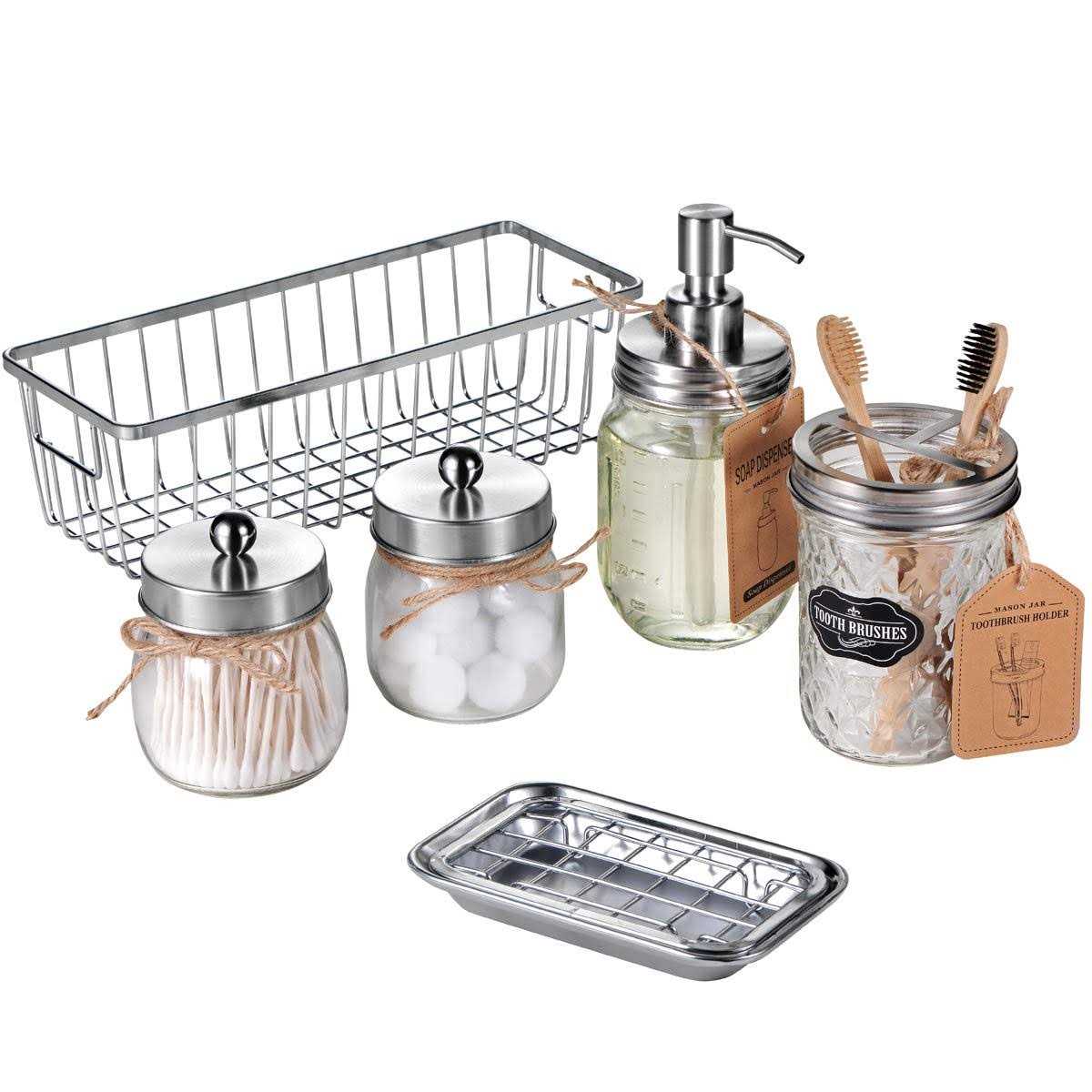 Premium Mason Jar Bathroom Accessories Set Lotion Soap Dispenser,Toothbrush Holder,2 Apothecary Jars