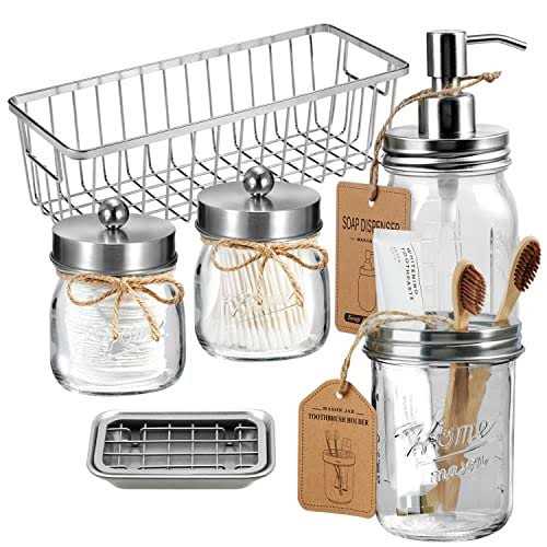 Premium Mason Jar Bathroom Accessories Set Lotion Soap Dispenser,Toothbrush Holder,2 Apothecary Jars - Image 4