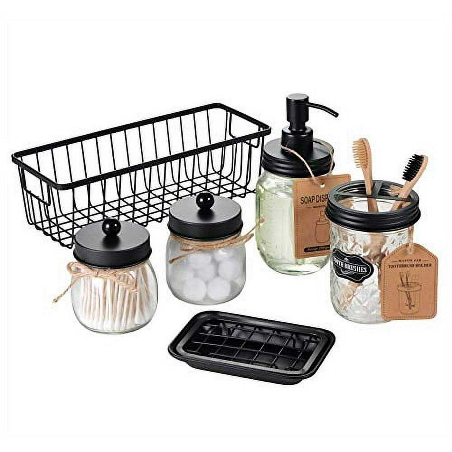 Premium Mason Jar Bathroom Accessories Set Lotion Soap Dispenser,Toothbrush Holder,2 Apothecary Jars