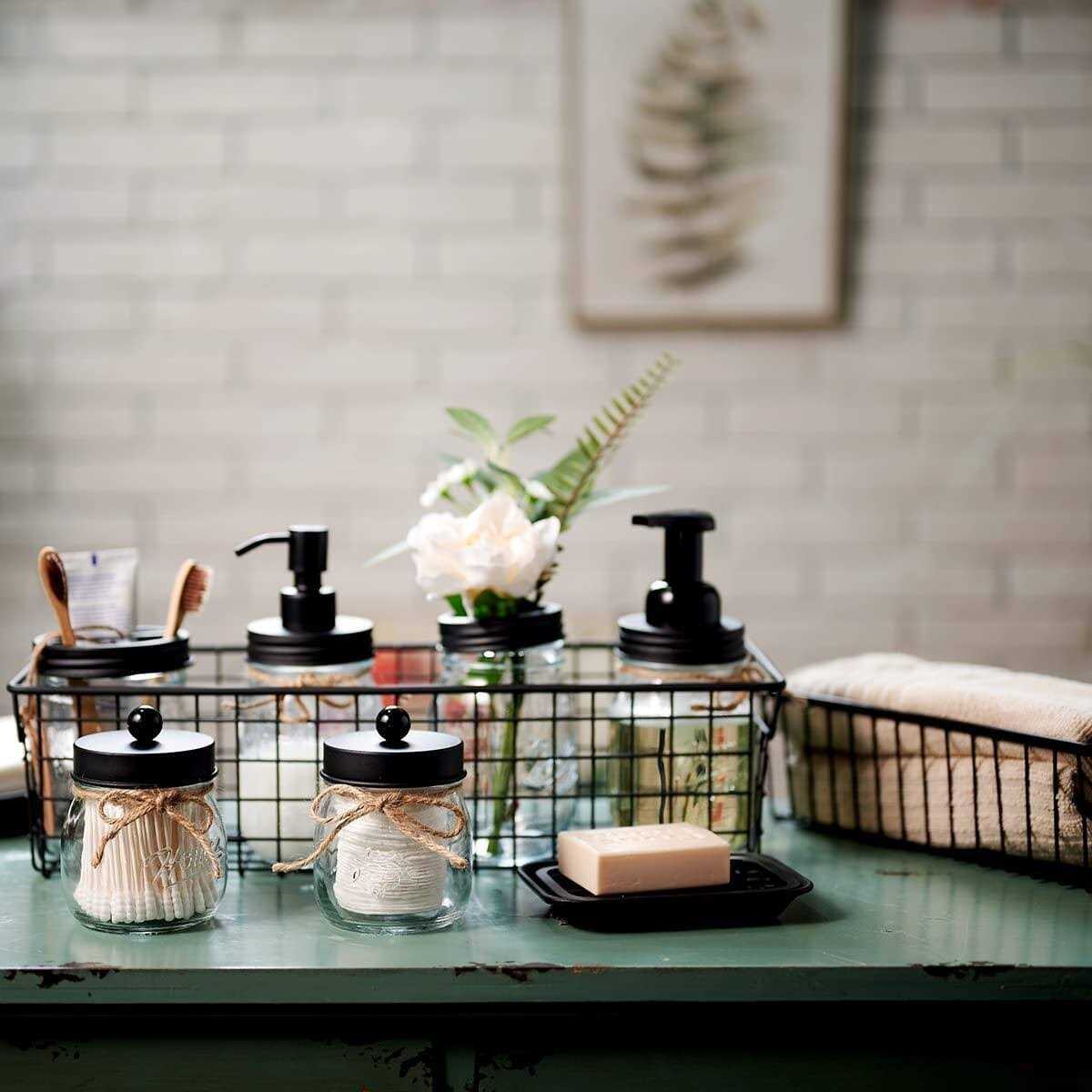 Premium Mason Jar Bathroom Accessories Set Lotion Soap Dispenser,Toothbrush Holder,2 Apothecary Jars - Image 2