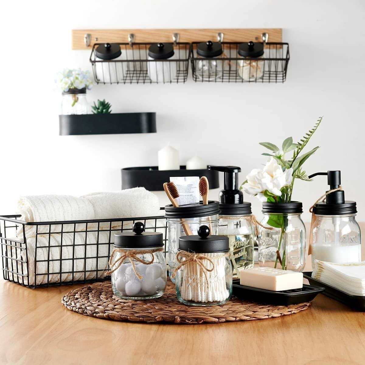 Premium Mason Jar Bathroom Accessories Set Lotion Soap Dispenser,Toothbrush Holder,2 Apothecary Jars - Image 4