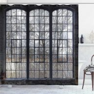 Ambesonne Industrial Shower Curtain Old Large Window with Broken Panes Deserted Hall Forest Trees Winter