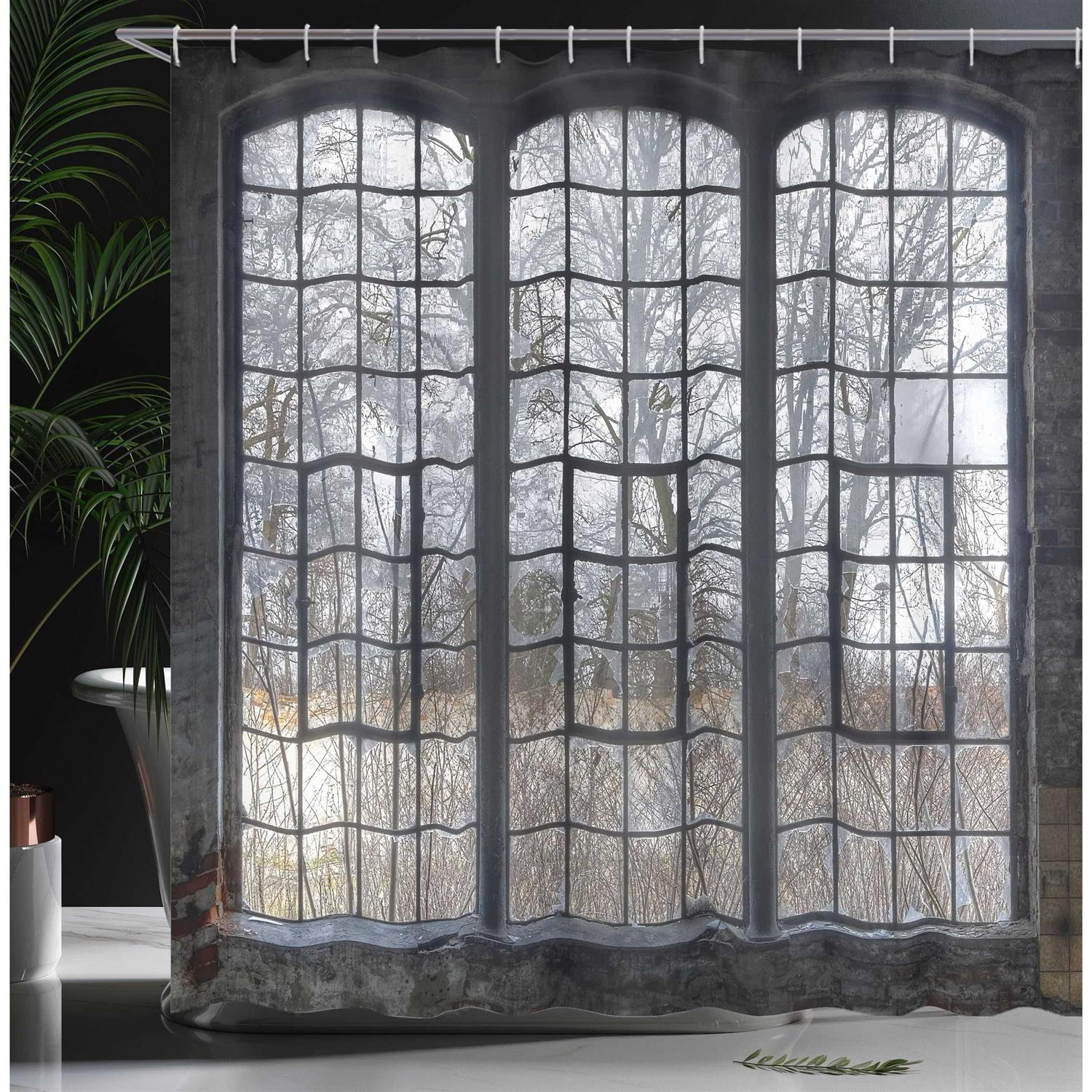 Ambesonne Industrial Shower Curtain Old Large Window with Broken Panes Deserted Hall Forest Trees Winter - Image 2