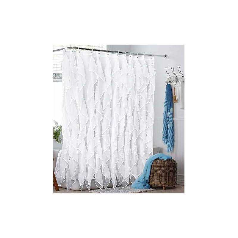 Reisen White Ruffle Shower Curtain Fabric/Cloth Farmhouse Bathroom Sheer Shower Curtain