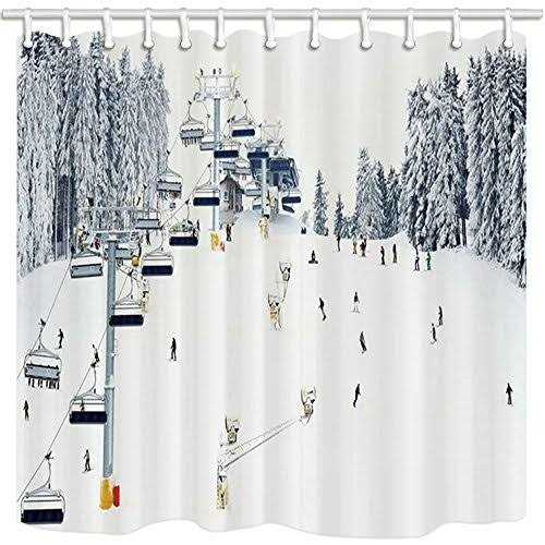 NYMB Sport Shower Curtain Winter Holiday Travel Snow Mountain Skiing Cable Car