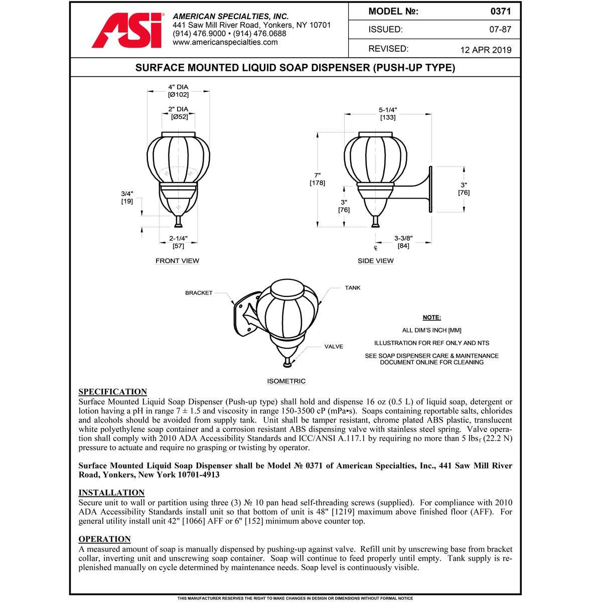 ASI 0371 Soap Dispenser 16 oz. Liquid Push-Up Type Surface Mounted - Image 2