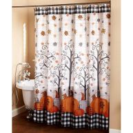 Plaid Pumpkin Bathroom Shower Curtain with Floral Autumn Accents