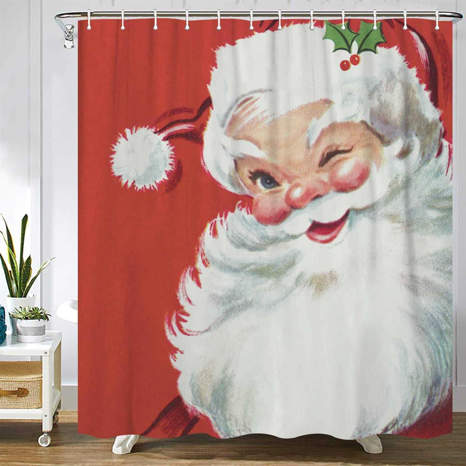 Abaysto Curtain Vintage Christmas Jolly Santa Shower Curtain Bathroom,Polyester Waterproof Curtain with Hooks