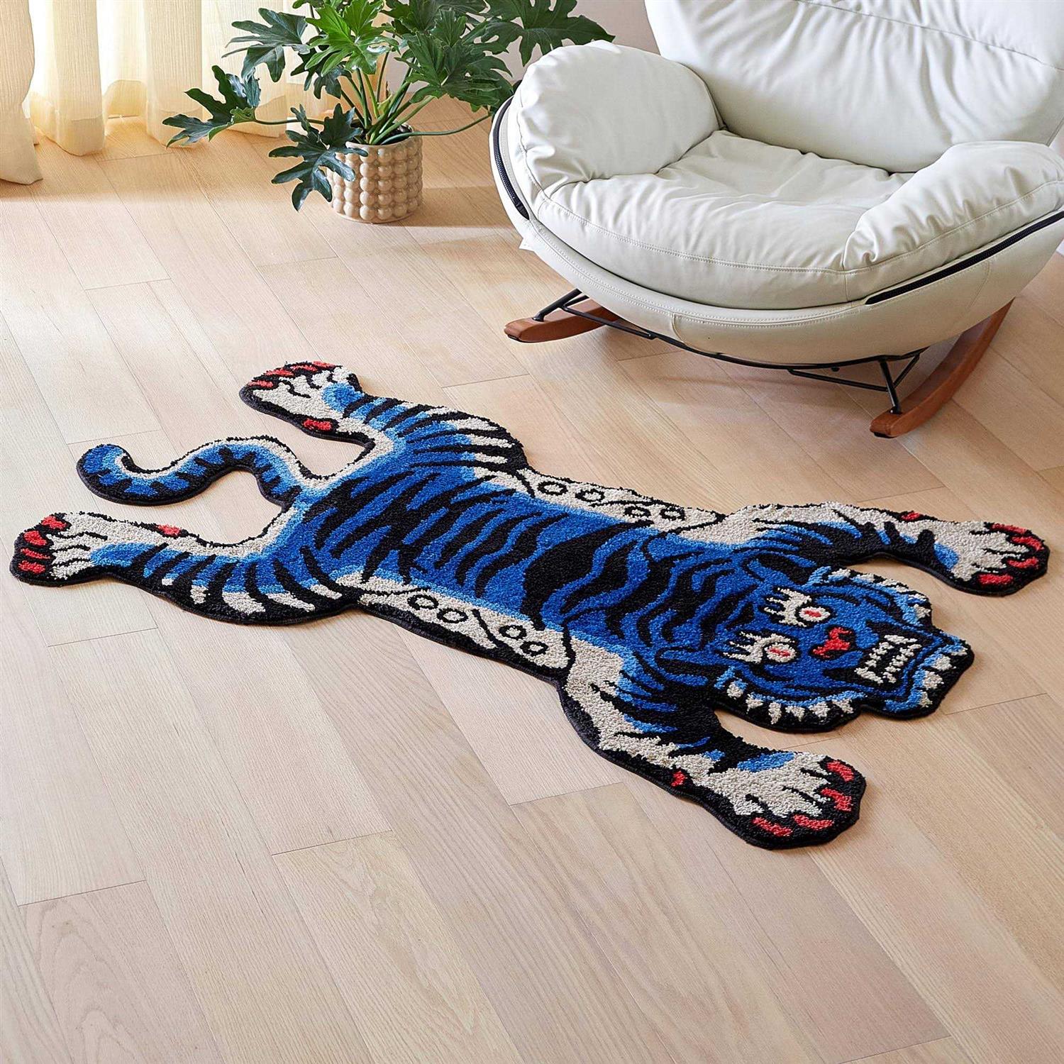 5×3.3ft Tibetan Tiger Area Rug Blue Hand Tufted High Pile Carpet - Image 4