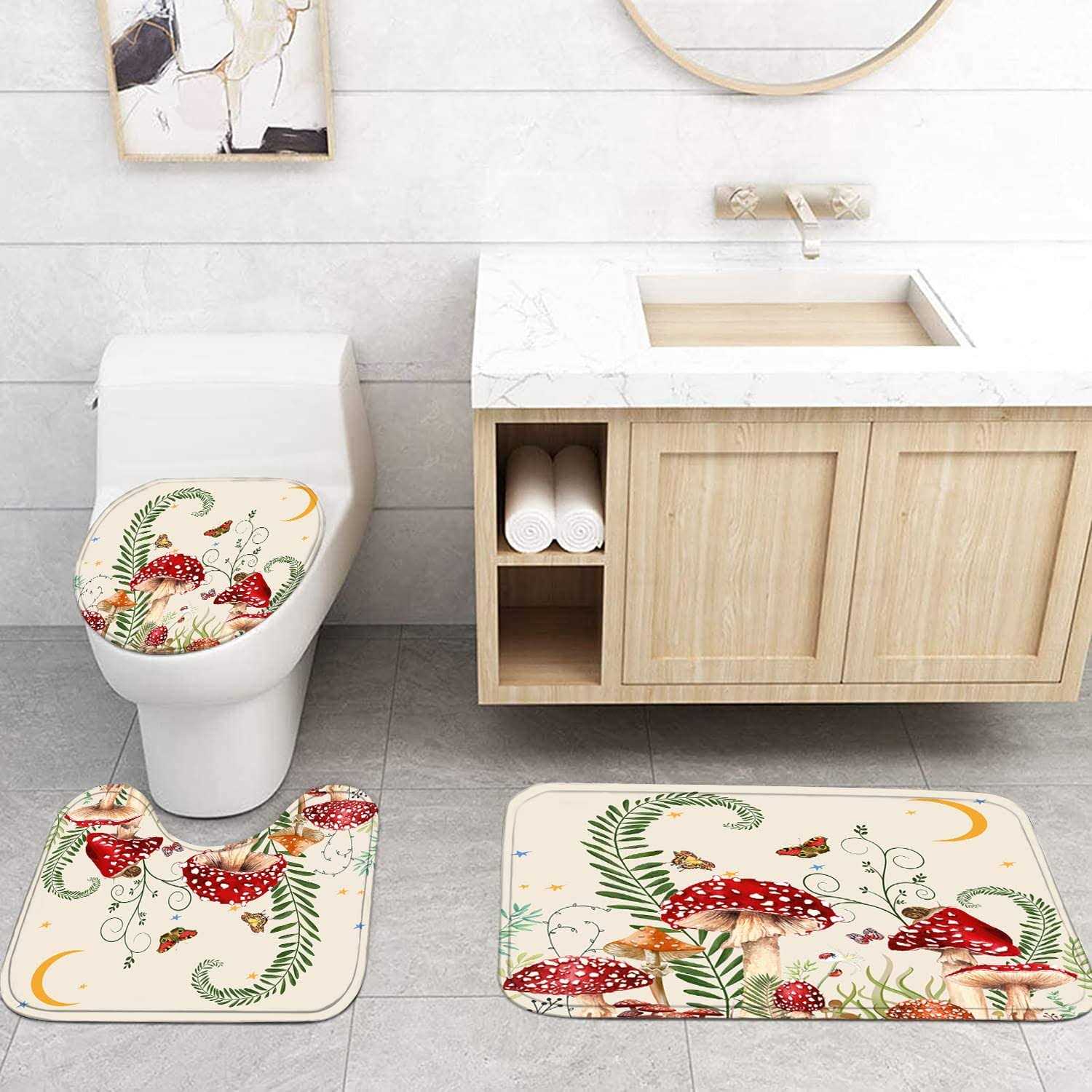 4PCS Mushroom Butterfly Flower Shower Curtain Set with Non-Slip Rugs, Toilet Lid Cover and Bath Mat - Image 2