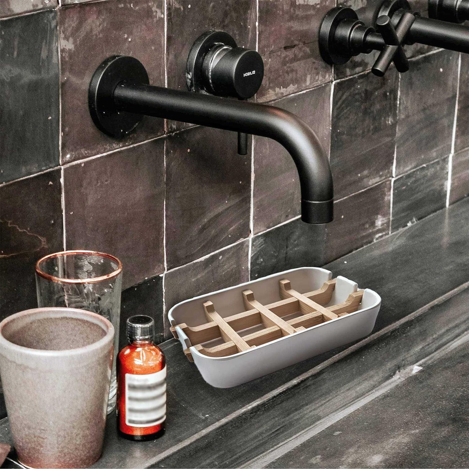 Aoheuo Modern Bamboo Fiber Soap Holder and Soap Dish Combination White - Image 3