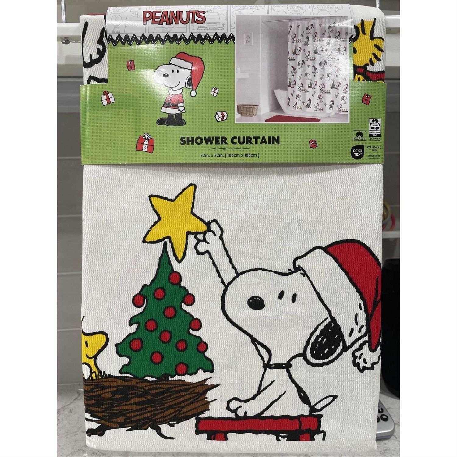 Peanuts Bath Peanuts Christmas Shower Curtain Santa Snoopy Woodstock 2023 Lights Tree Fabric