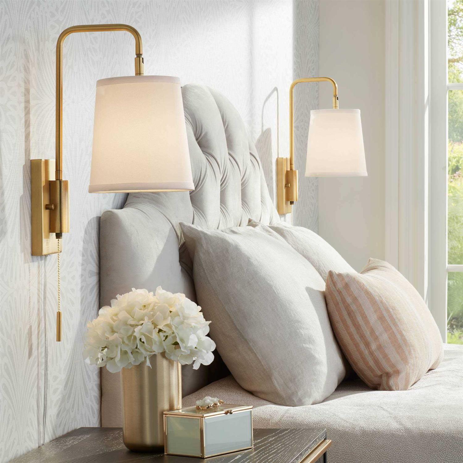 360 Lighting Luca Modern Swing Arm Wall Lamps Set of 2 Warm Brass Metal Plug-in Light Fixture White Fabric Drum Shade for Bedroom Bedside House Reading Living - Image 4
