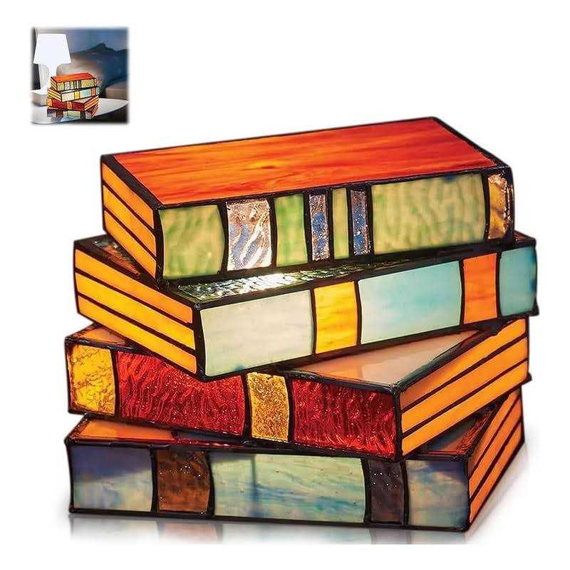Orgonite Stained Glass Stacked Books Lamp Resin Table Lamp Handcrafted Books Glass Nightstand Desk Light