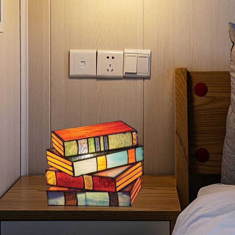 Orgonite Stained Glass Stacked Books Lamp Resin Table Lamp Handcrafted Books Glass Nightstand Desk Light - Image 2