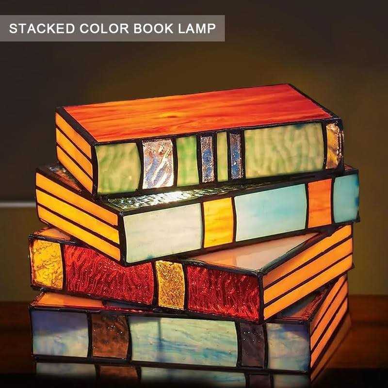 Orgonite Stained Glass Stacked Books Lamp Resin Table Lamp Handcrafted Books Glass Nightstand Desk Light - Image 5