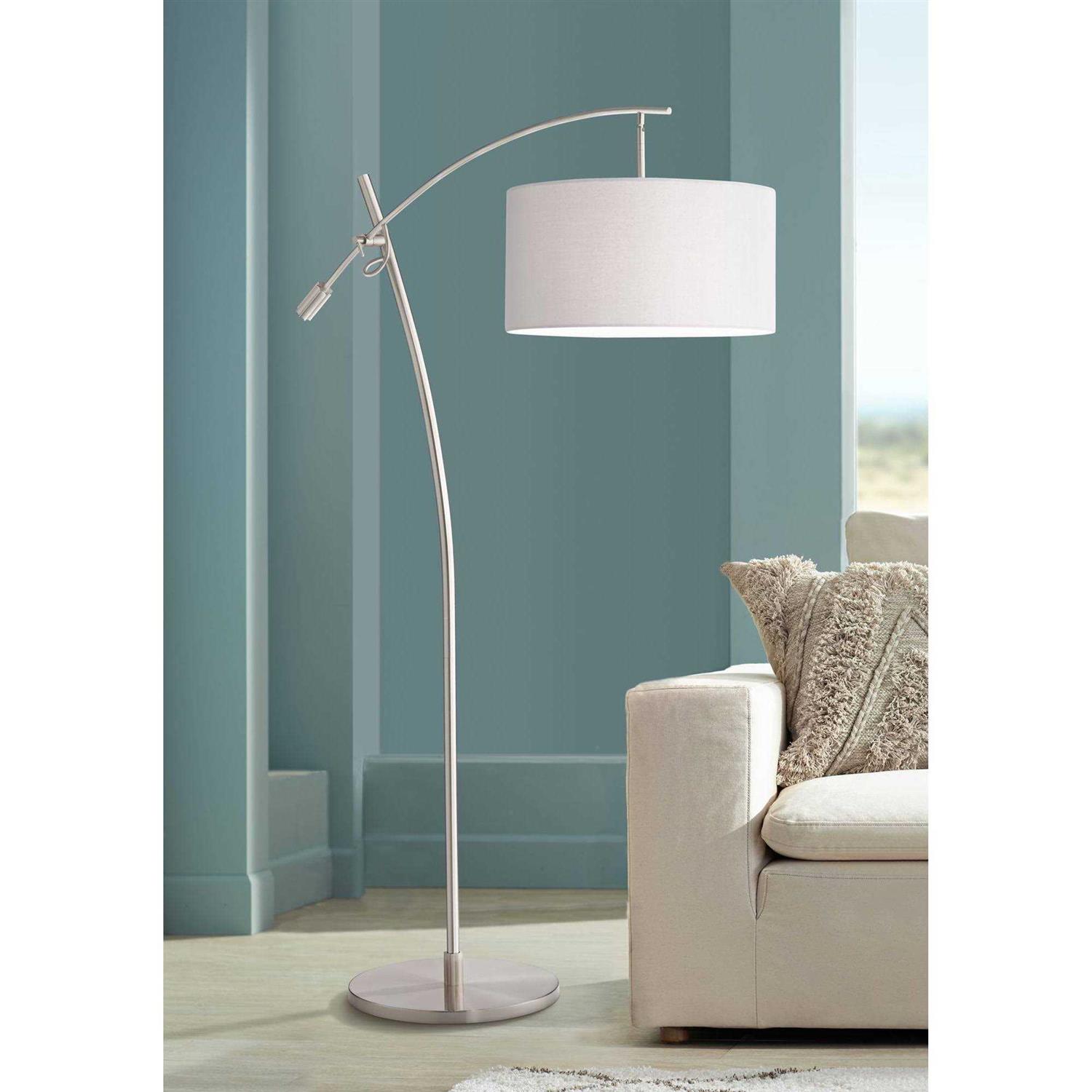 Possini Euro Design Modern Arc Floor Lamp with USB Charging Port 69 Tall Off-White Drum Shade Adjustable Arm Living Room